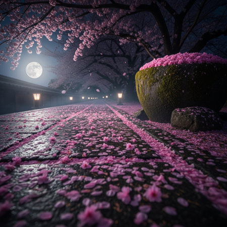 Cherry blossoms in full bloom at night in full moon lightの素材