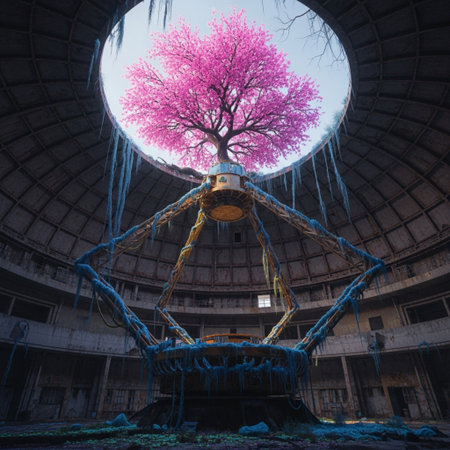 Sakura tree in an abandoned factory. Conceptual image of the end of life.の素材