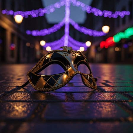 Photo of elegant and delicate Venetian mask on cobblestone street at nightの素材