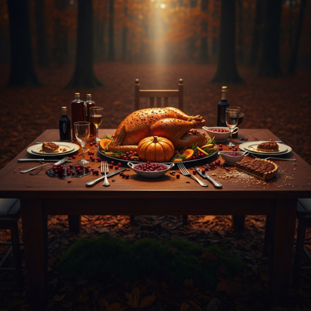 Thanksgiving dinner in the forest with roasted turkey, cranberries and crackersの素材