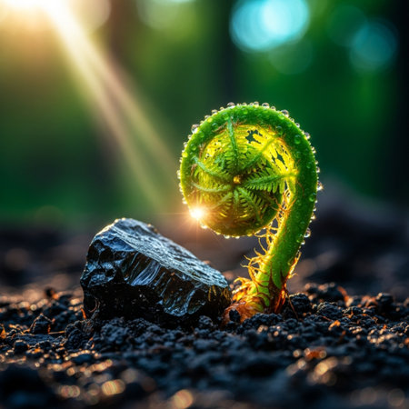 Young sprout of a fern growing from the ground in the sunの素材