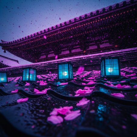 Cherry blossom petals on the roof of a Buddhist templeの素材