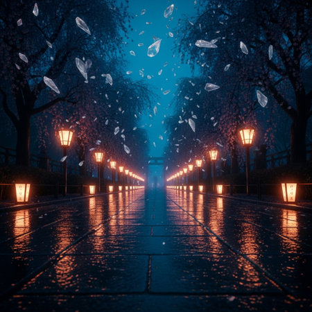 Night city street with lanterns and falling leaves. 3D renderingの素材
