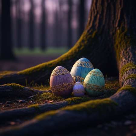 Colorful easter eggs in the forest on a dark background.の素材