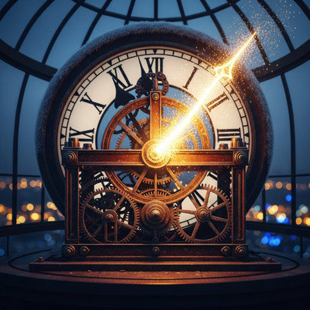 Vintage clock on the background of the night city. 3D renderingの素材