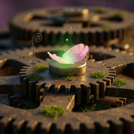 Fantasy gears mechanism with glowing flower. 3d render illustration.の素材