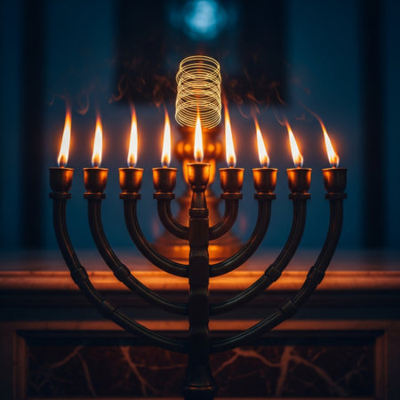 Image of jewish holiday Hanukkah background with menorah (traditional candelabra) and burning candlesの素材