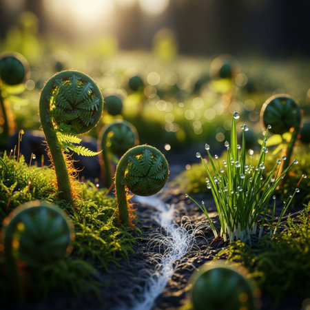 Ferns with dew drops in the morning sun. Nature backgroundの素材