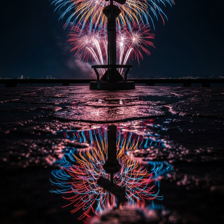Beautiful fireworks in the night sky with reflection on the water.の素材
