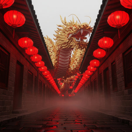 Dragon in chinese temple with red lanterns. 3D renderingの素材