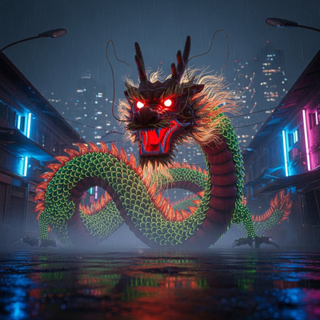 Dragon statue in the city at night. 3d rendering illustration.の素材
