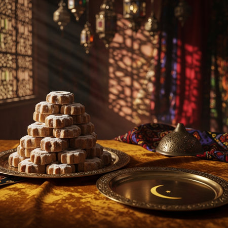 Traditional Arabian sweets on the table in the evening. Selective focus.の素材