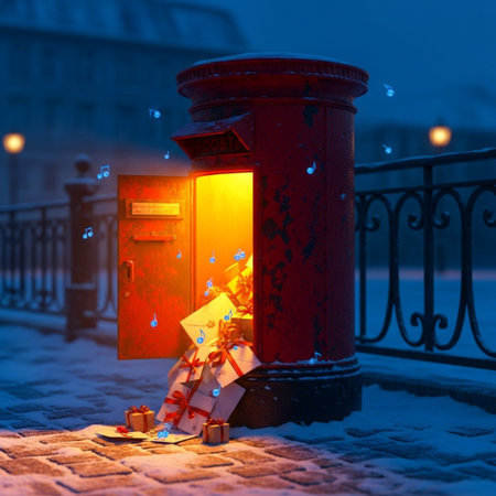 Christmas post box with gifts on the background of the night city.の素材