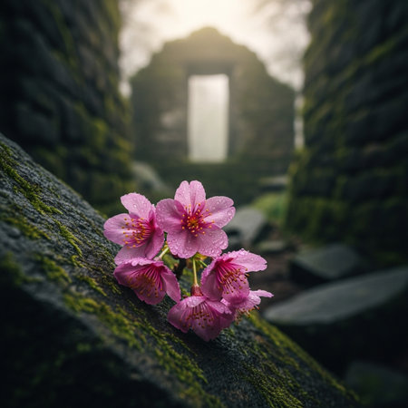 Cherry blossom in front of an old stone door at sunsetの素材