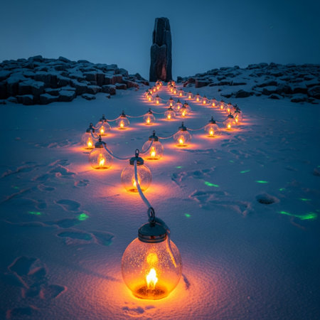 Lanterns in the snow on top of a mountain.の素材