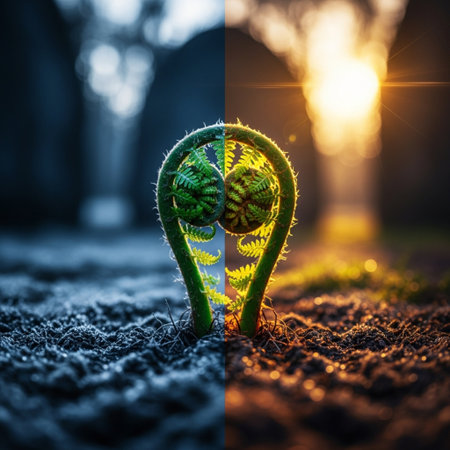 Fern sprout growing out of soil. Conceptual image.の素材