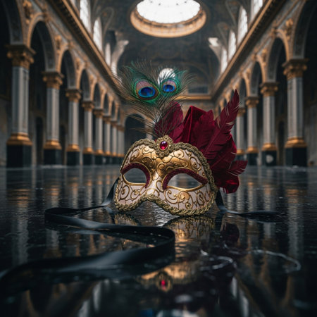 Venetian carnival mask with peacock feathers on a floorの素材