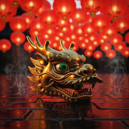 Golden dragon statue with red lanterns on background, Chinese new year conceptの素材