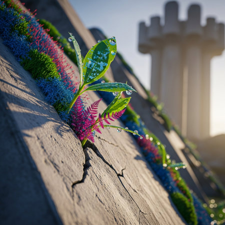 Close up of a green plant growing on the top of a wallの素材