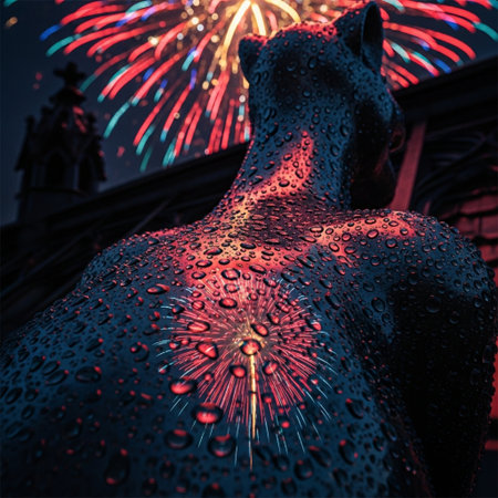 Sculpture of a horse with fireworks in the backgroundの素材