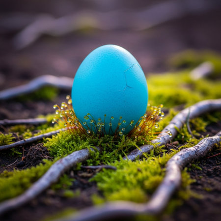 Blue easter egg on green moss background. Spring holiday concept.の素材