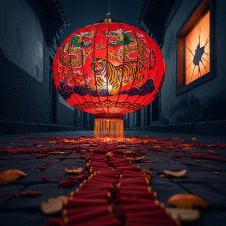 Chinese lanterns in the streets of the old city. 3D rendering.の素材