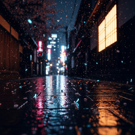 Raindrops on the street in the city at night. Rainy day.の素材