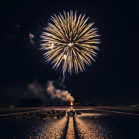 Colorful fireworks of various colors over night sky background. Selective focusの素材