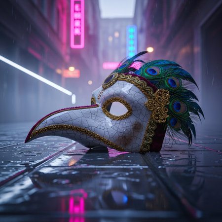 Carnival mask on the street at night. 3d renderingの素材