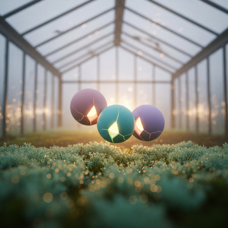 3d render of light bulb in a greenhouse with grass and blue skyの素材