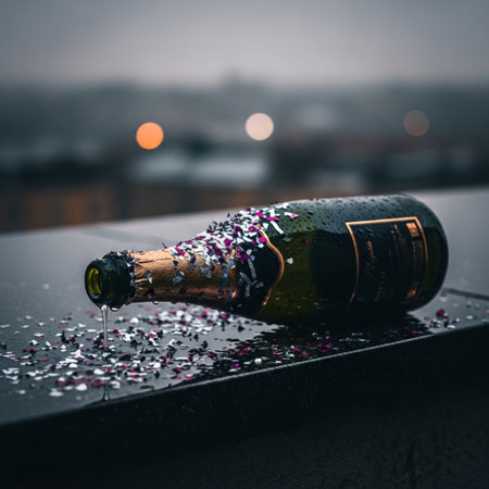 Champagne bottle with confetti on the roof of the house.の素材