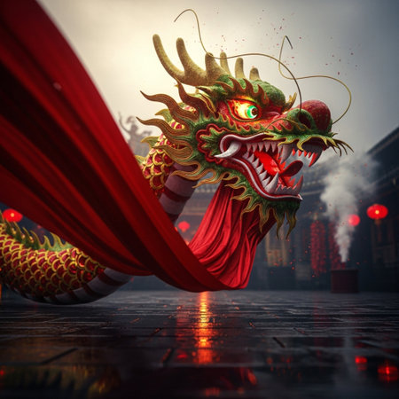 Chinese dragon and red cloth, 3d rendering. Computer digital drawing.の素材