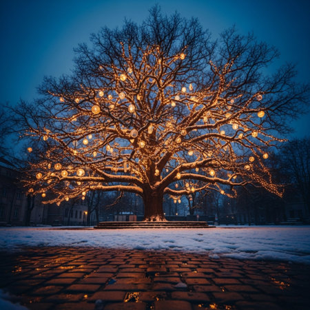 Old big tree with christmas lights in the city park at nightの素材