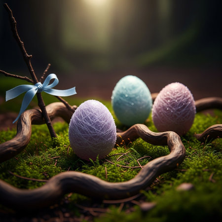 Colorful easter eggs on green moss in the forest with copy spaceの素材