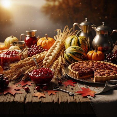 Rustic still life with pumpkins, chestnuts and cranberries for Thanksgivingの素材
