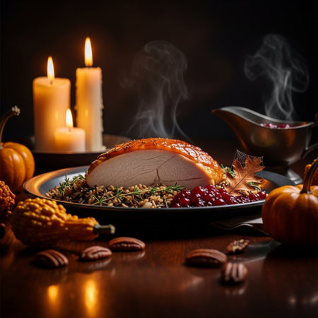 Roast turkey with cranberry sauce and autumn decoration on wooden tableの素材