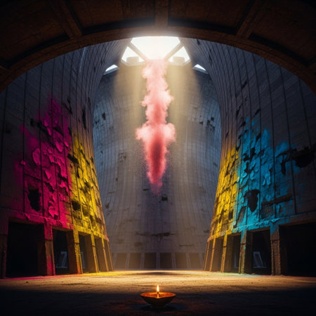 The interior of an abandoned factory building with a burning candle in the foregroundの素材