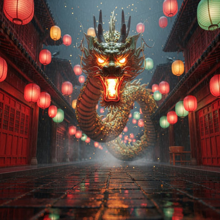Dragon with lantern in chinese temple. 3d rendering. Computer digital drawing.の素材