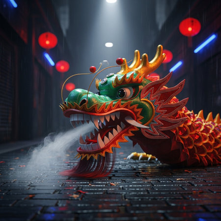 Chinese dragon in the street, 3d rendering. Computer digital drawing.の素材