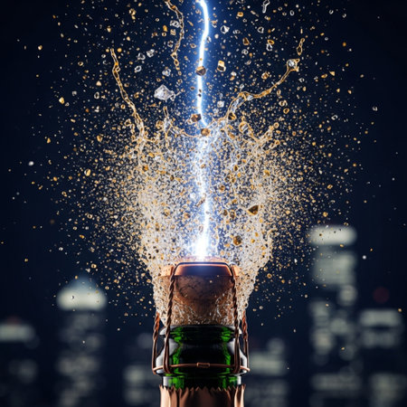 Champagne bottle with splashes on dark background. New Year celebrationの素材