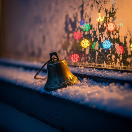 Christmas bell on the background of the window with snow and bokehの素材