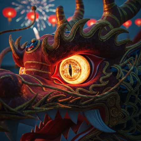 Dragon head with firework in Chinese New Year festival, close upの素材