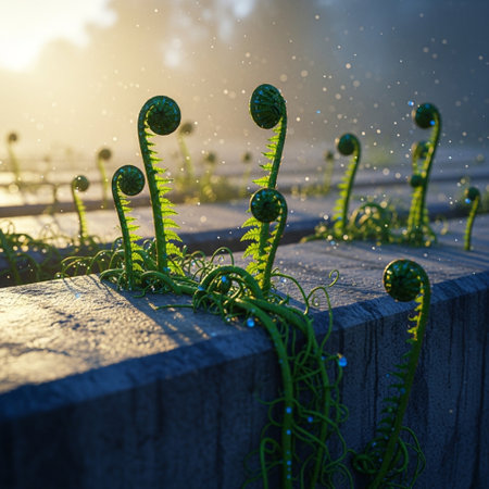 Ferns growing on a wooden fence in the rays of the morning sunの素材