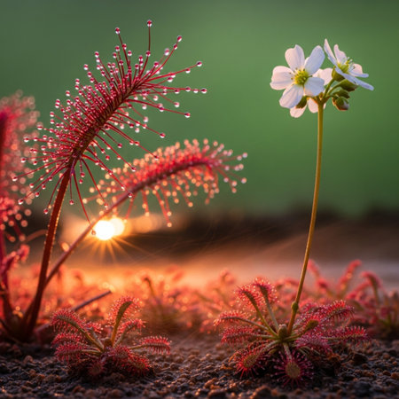 Sundew flowers blooming in the morning on the ground with sunriseの素材