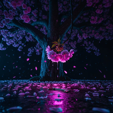 Cherry blossom tree with a key in the rain at nightの素材