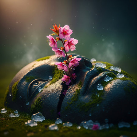 Sakura blossom on the stone face of a woman with flowersの素材