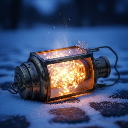 Vintage lamp in the snow with glowing sparks. Creative concept.の素材