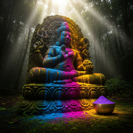 Ganesha statue with colorful holi powder and colorful lights in the forestの素材