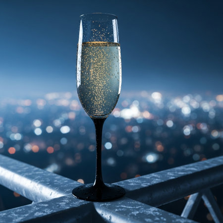 Glass of champagne on a balcony with a view of the night cityの素材