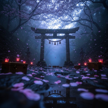 Foggy night in a Japanese garden with lanterns and cherry blossomsの素材